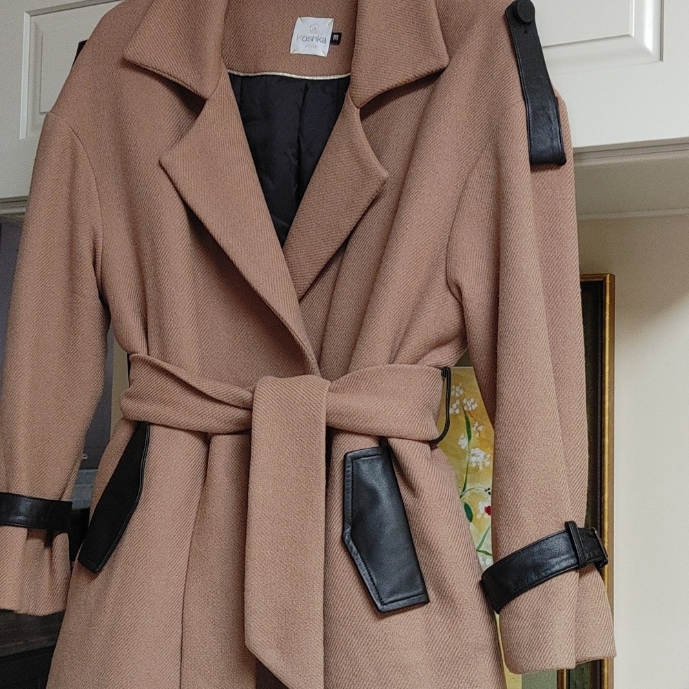 Koshka Mashka Tan Wool Coat Brown Leather Trim Size 38